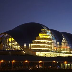 The Sage gateshead building, viewed at night from the Newcastle Upon Tyne quayside