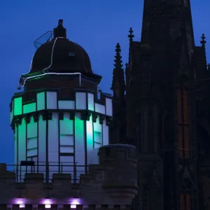 Scotland, Edinburgh, The Royal Mile. The Camera Obscura with The Hub in the background