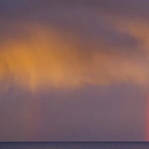 Scotland, Scottish Borders, Burnmouth. Rainbow above the north sea, photographed just before sunset