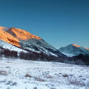 Scotland, Scottish Highlands, Glen Nevis. The snow covered Glen Nevis, looking towards Carn Dearg on the lower slopes of the highest mountain to be found in Scotland and the UK -