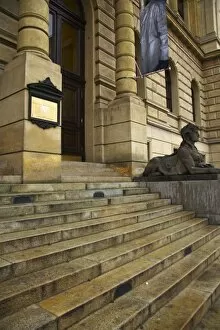 Czech Republic, Prague, Rudolfinum Concert Hall and Gallery. Statue and typical Prague architecture outside