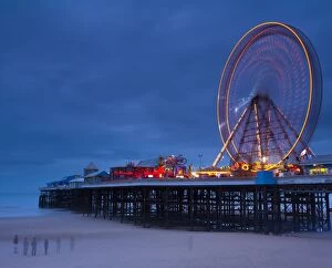 Northern England Gallery: England, Lancashire, Blackpool. Blackpool Central Pier at dusk