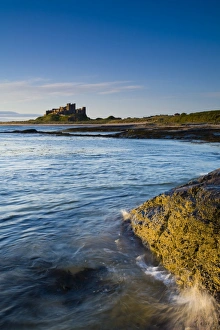England, Northumberland, Bamburgh. Bamburgh Castle, beach and dunes viewed shortly after sunrise from