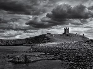 B And W Gallery: England, Northumberland, Embleton Bay. The Lilburn Tower, part of the remains of Dunstanburgh Castle