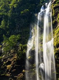 Bush Gallery: Laos, Ban Na Hin, Waterfall. Shafts of light pass through vegetation hanging to the rock face near a