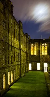 Night Gallery: Scotland, Edinburgh, Old Town. Courtyard viewed from the George IV Bridge which was constructed to link the Old