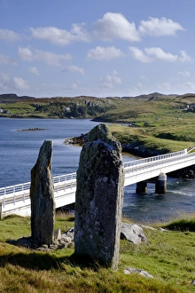 <b class=qtipBold><figcaption>Scotland, Outer Hebrides, Bernera</figcaption></b><br>Scotland, Outer Hebrides, Bernera. Prehistoric Standing Stones above the road bridge spanning the Atlantic Ocean joining the island of Bernera with the Isle Of Lewis.<br><em>© Copyright Jason Friend - All Rights Reserved</em> Scotland, Outer Hebrides, Bernera