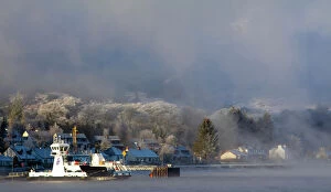 Natural Gallery: Scotland, Scottish Highlands, Corran. The Corran ferry port with hoarfrost covered woodland behind