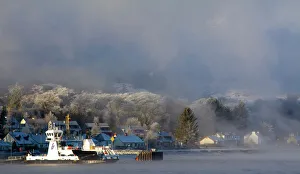 Scen Ic Collection: Scotland, Scottish Highlands, Corran. The Corran ferry port with hoarfrost covered woodland behind